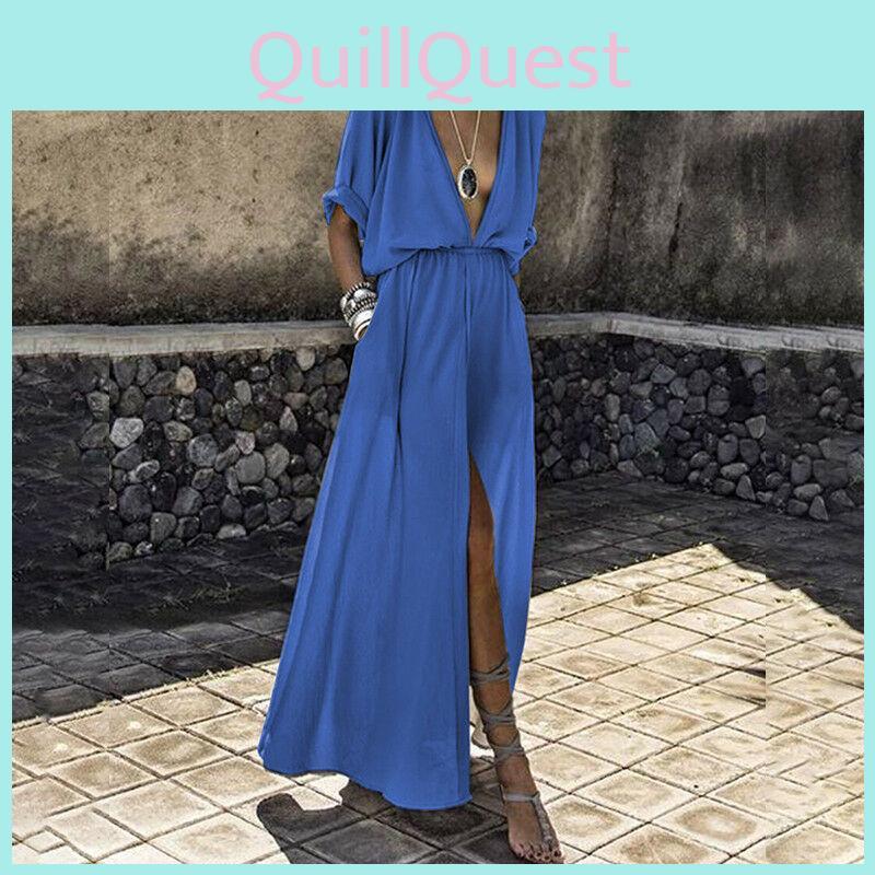 Elegant Women Deep V Neck Maxi Dress With Half Sleeve For Summer Beach Holidays