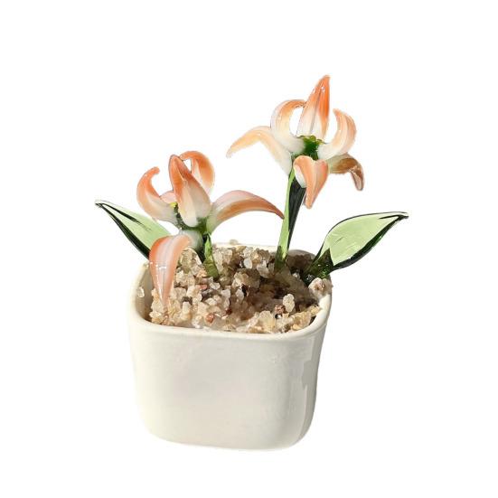 Миниатюрная стеклянная фигурка цветка Ручная выдувка Мини-букет цветов в горшке Коллекционный цветущий цветочный орнамент для дома Настольный декор C