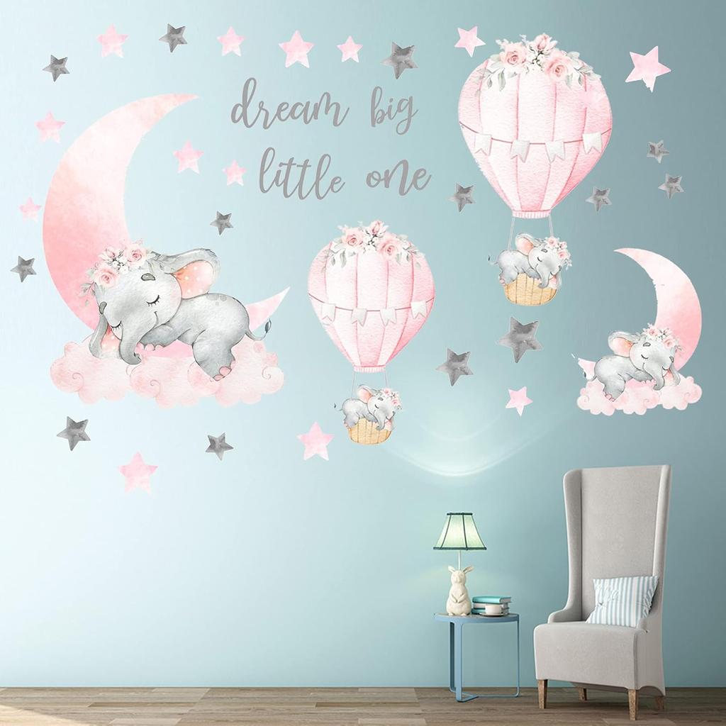 Dream Big Little One Elephant Wall Stickers, Pink Moon Hot Air Balloon Grey Stars Wall Decals for Nursery Kids Room Living Room Bedroom Decorations