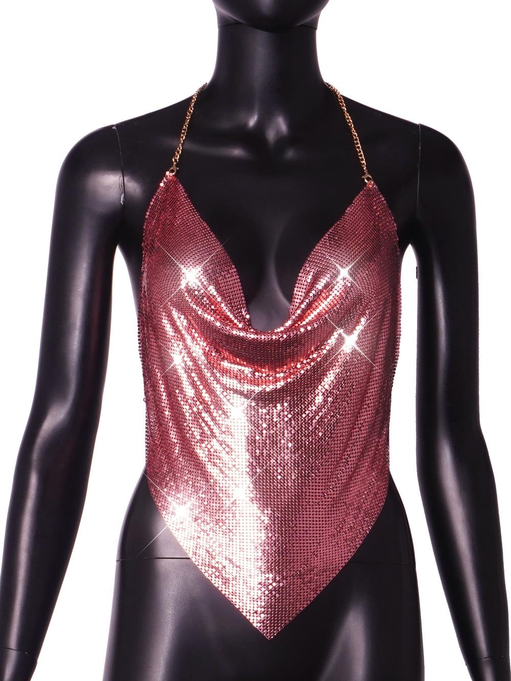 

2026 Trendy European & American Metal Sequin Backless Women s Vest - Sexy Ins Style Aluminum Flakes Top One Size розового золота