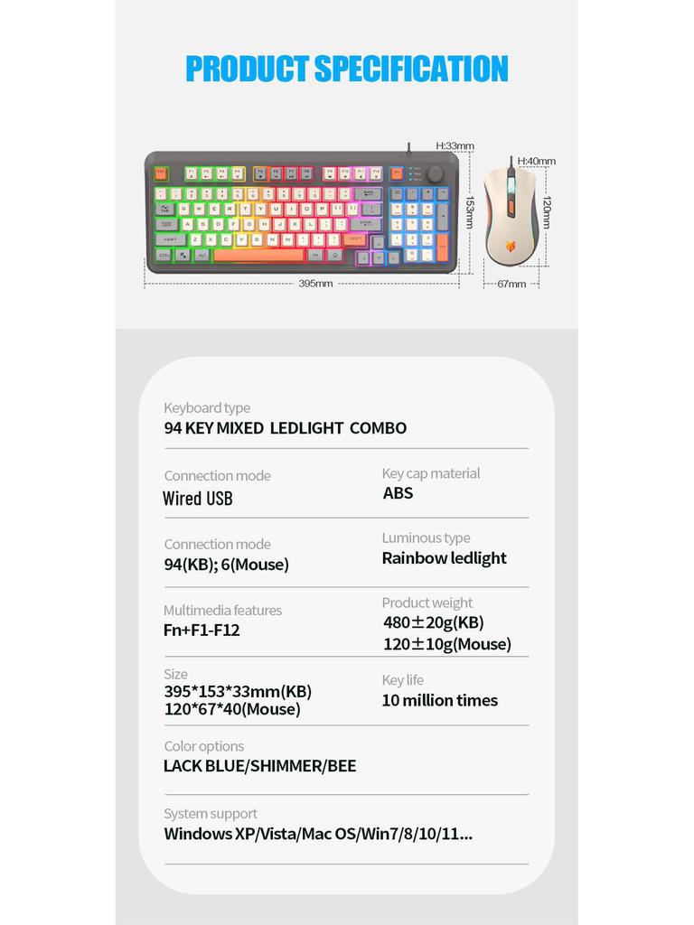 Silver Fox K820 Three-Color Backlit Russian Gaming Wired Keyboard & Mouse Set
