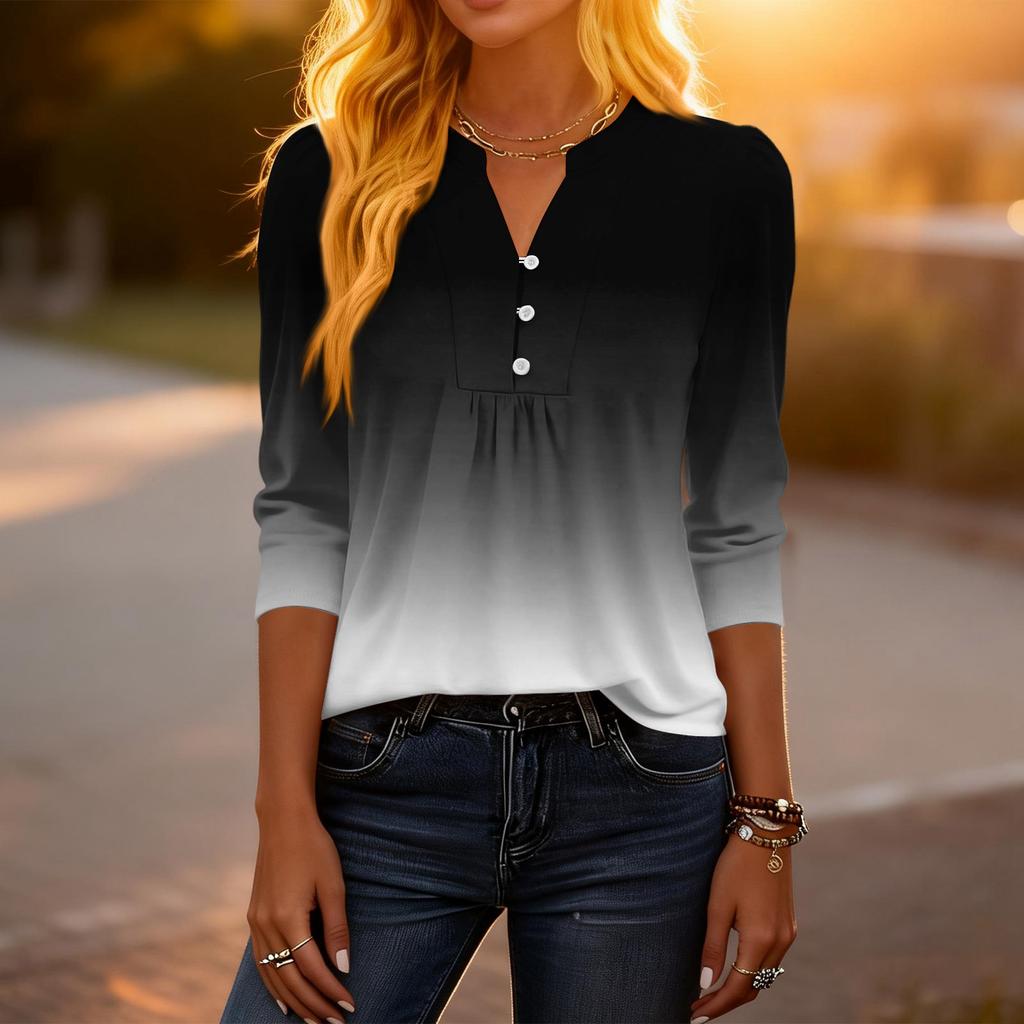 Dámské módní ležérní tričko s bloky barev, gradientním potiskem, výstřihem do V, knoflíky a tříčtvrtečními rukávy