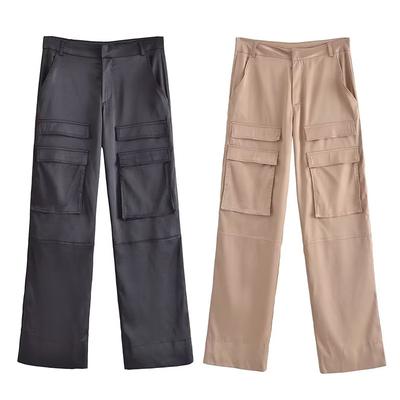 Damenmode mit Taschen Satin Cargohose Vintage Hohe Taille Reißverschluss Fliege Damenhose Mujer