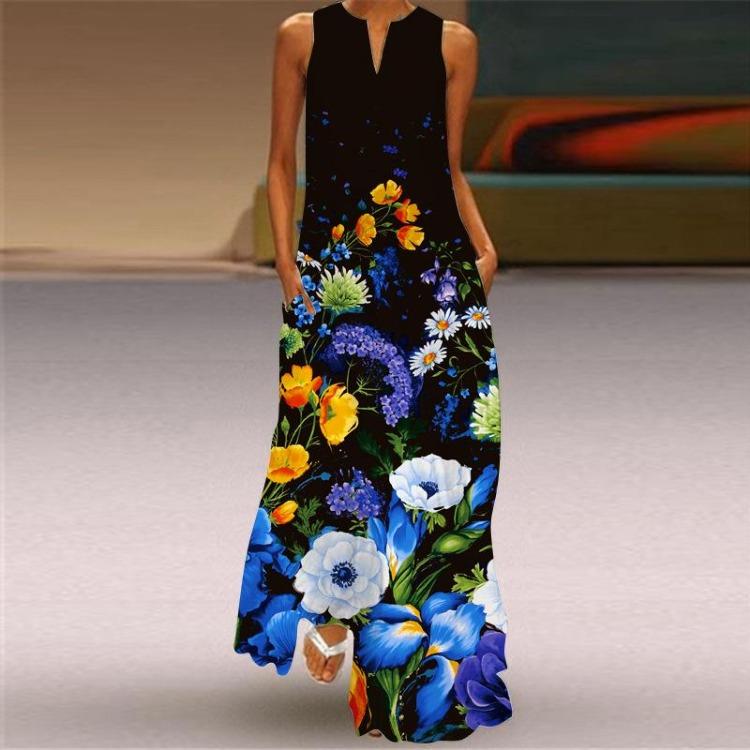 Women's Printed Sleeveless V Neck Summer Maxi Dress