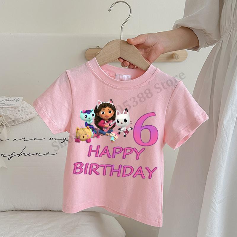 Gabby Dollhouse T-shirts for Children Anime Cartoon Number Printing Top Summer Short Sleeved Clothing Girls Fashion Pink Clothes