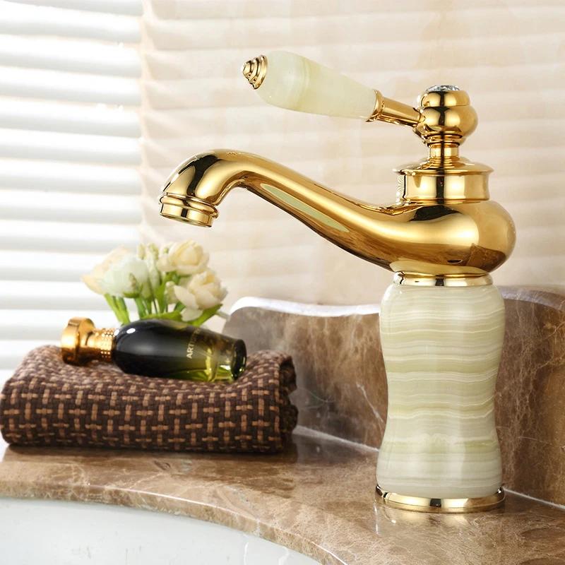 Gold Faucet Wall Mount Bathroom Washbasin Sink Faucet Brass Jade Crystal Cold Hot Mixer Taps Torneira ZR251