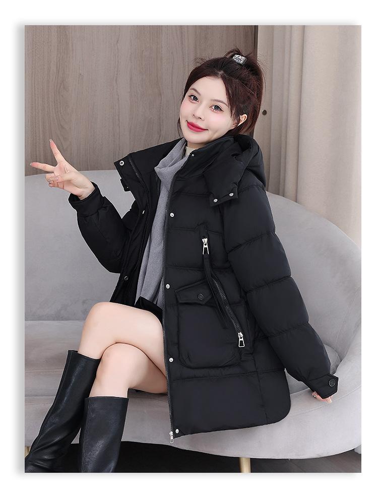 Women's Autumn and Winter Coat Solid Color Hooded Large Pocket Mid-length Loose Thickened Windproof Women's Jacket 5 Colors