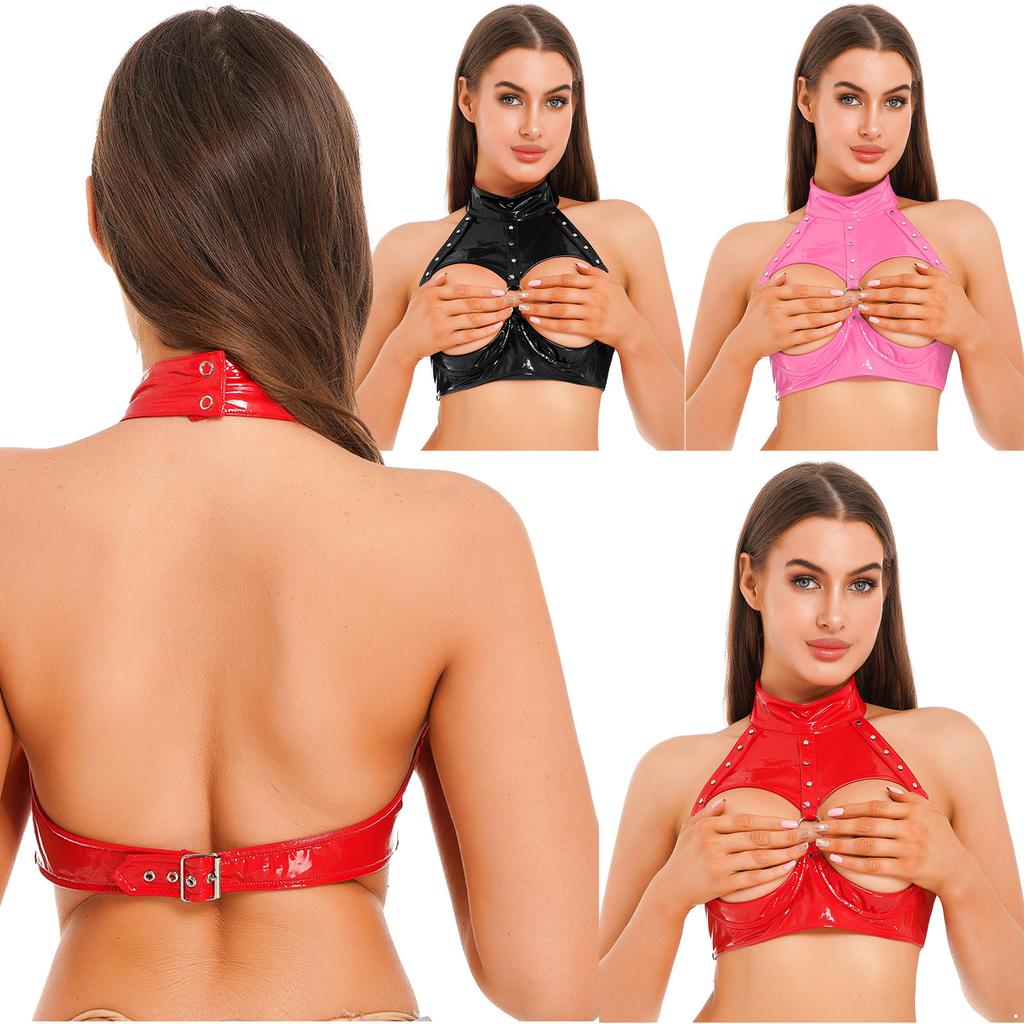 Womens O Ring Halter Crop Top Open Cup Underwire Bra Rivet Detail Wet Look Clubwear