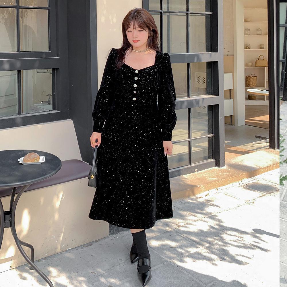 

Блестящее красное зимнее платье больших размеров - юбка во французском стиле для женщин на Новый год 1XL чёрный