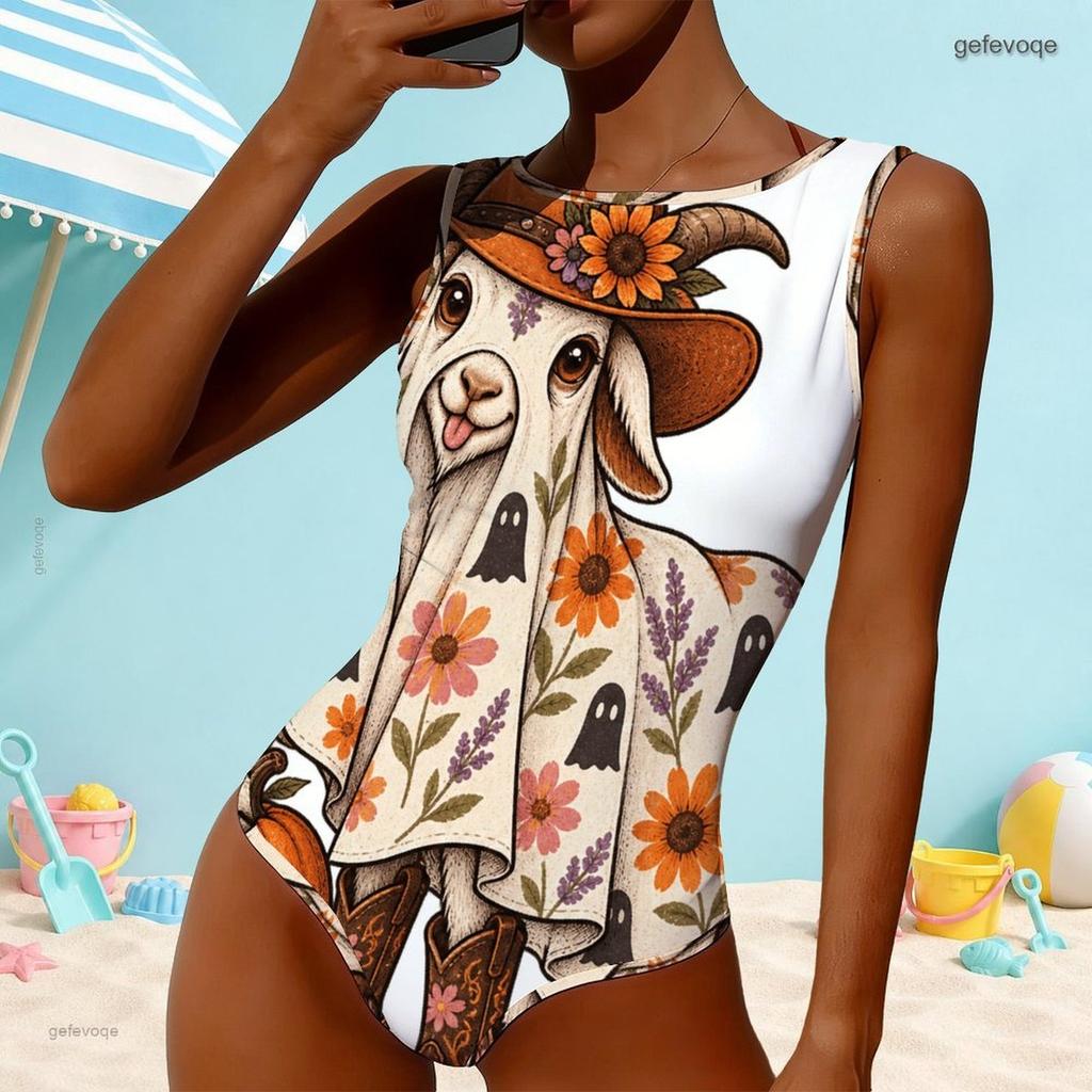 Women Plus Size One Piece Swimsuit High Round Neck Sleeveless Sloth Moon Printed