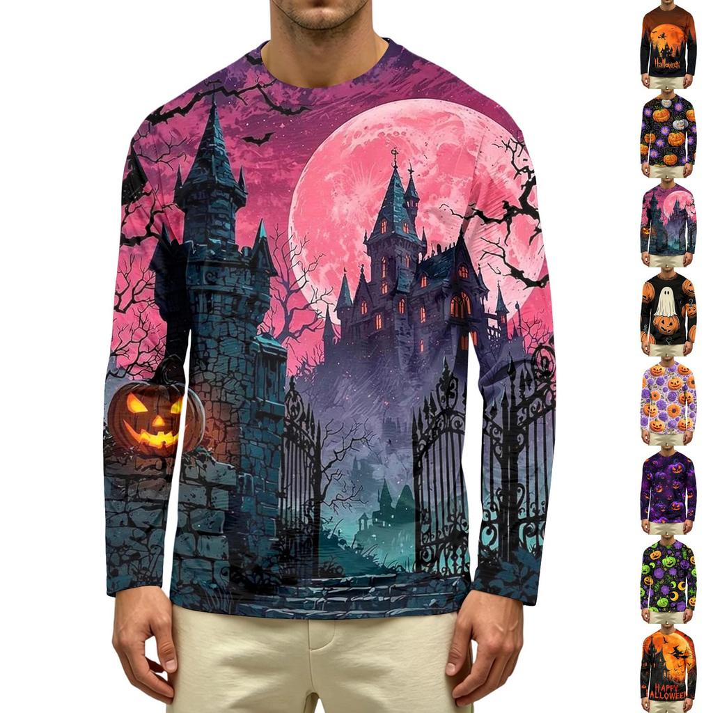 Men's Casual Long Sleeve Crew Neck T-Shirt with Pumpkin and Floral Print Comfortable Fit Lightweight Fabric Suitable for Daily Wear
