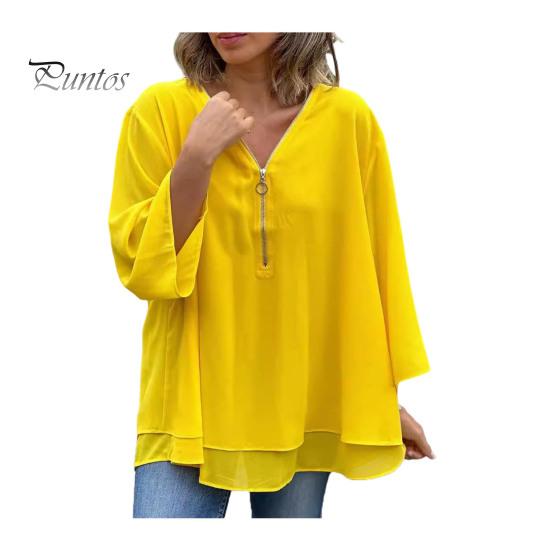 

Женская шифоновая рубашка с v-образным вырезом, застежкой-молнией и вырезом, пуловеры с рукавами 3/4, однотонные двухслойные рубашки свободного покроя, топы 3XL жёлтый