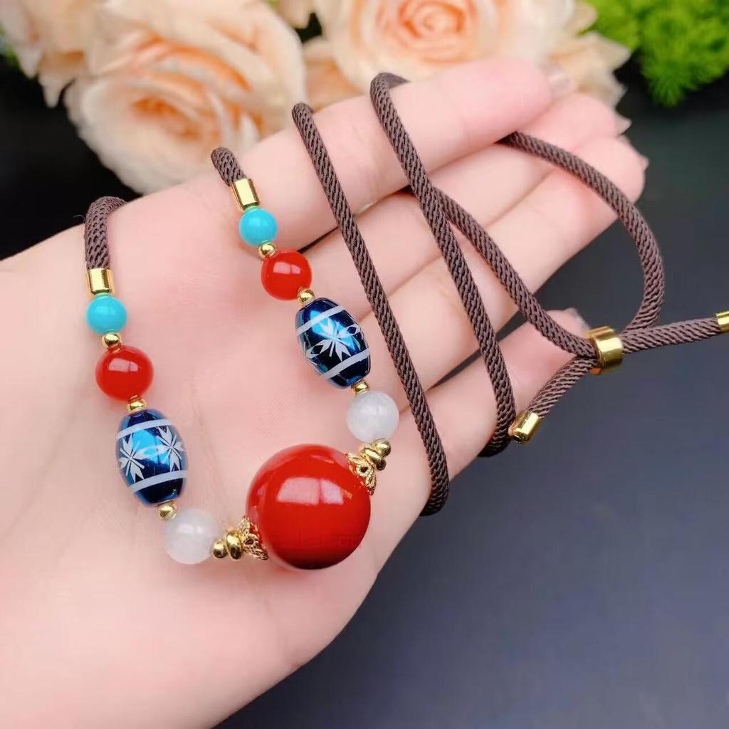 Red Agate Cinnabar Acacia Bean Necklace with Cat's Eye Gold Thread Clavicle Chain.