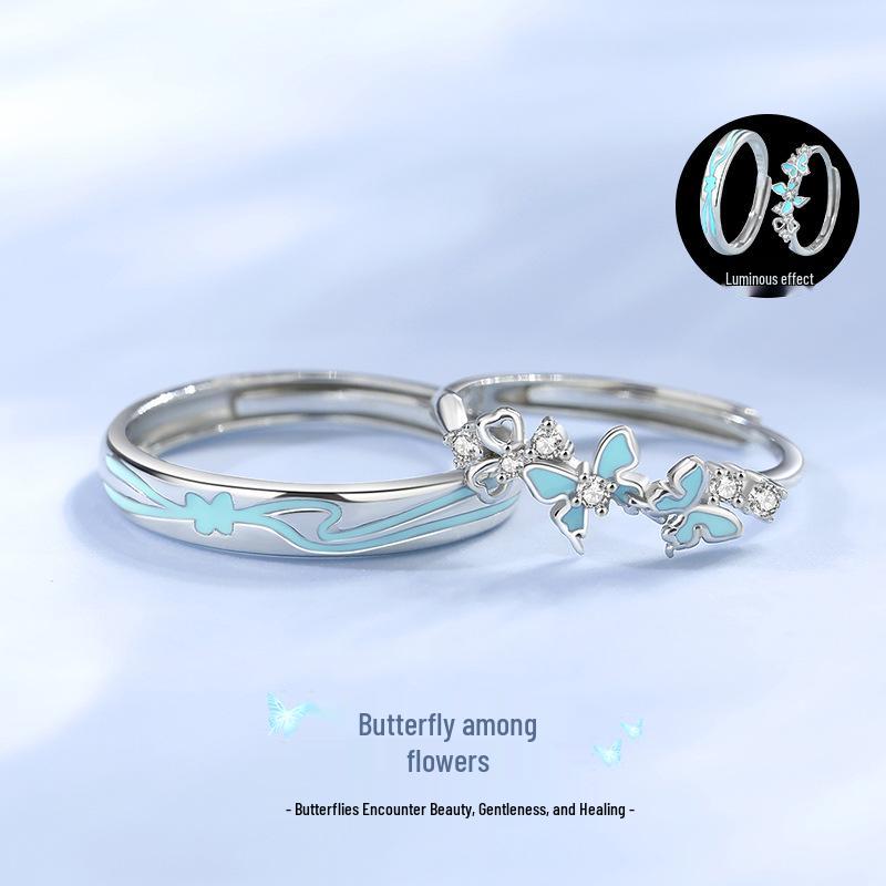 Tichia S925 Sterling Silver Enamel Butterfly Flower Adjustable Couple Rings