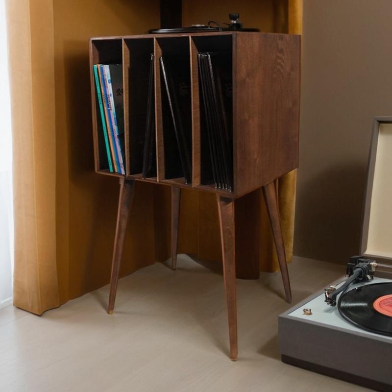 Supporto per Dischi in Vinile, Scaffale Organizzatore in Legno per CD, Supporto per Giradischi Retro con Vano Portaoggetti, Rastrelliera Espositiva Decorazione per la Casa Vintage