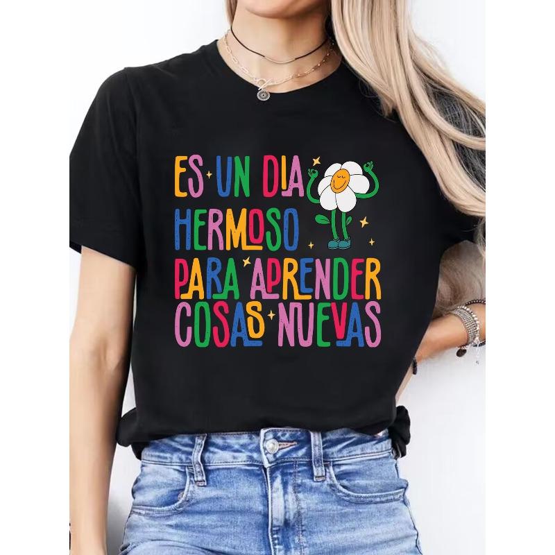 Women's Spanish Alphabet & - Letter Print T-Shirt - Spanish Language Learning, Casual Round Neck Short Sleeve Blouse