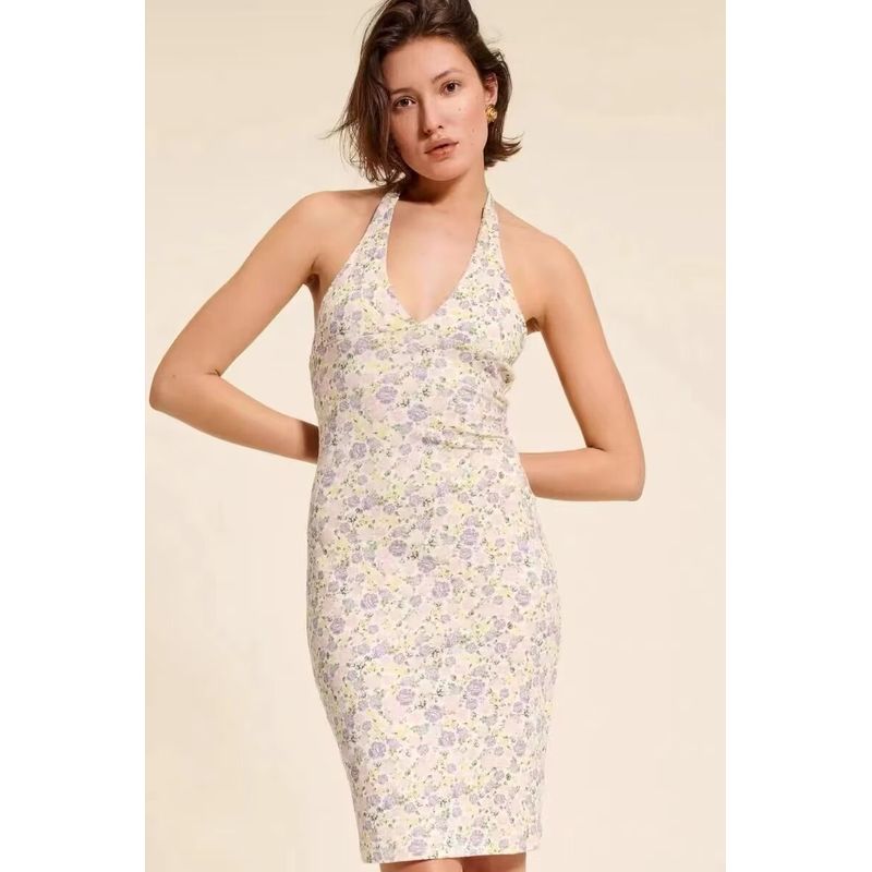

Rouje Retro Backless Slim Fit Bodycon Dress Halterneck Floral halterneck Dress(High quality) L