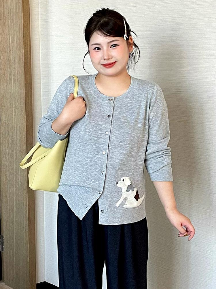 Plus Size Women's Round Neck Jacquard Cardigan - 2026 Spring Style Puppy Design