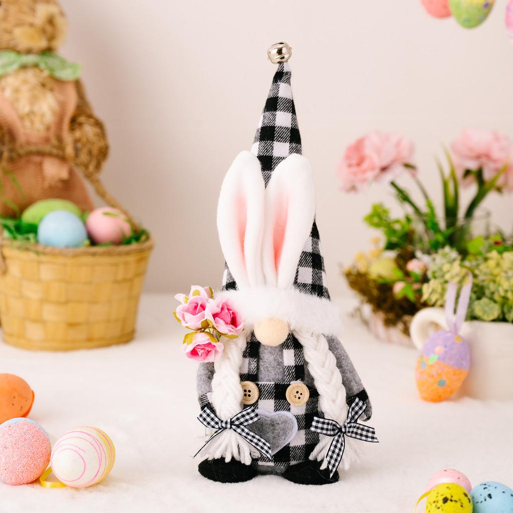 

Black Playful And White Checkered Bunny Ears Doll With Carrot And Flowers For Festive Easter Decorations Easter Bunny Hat Bouquet