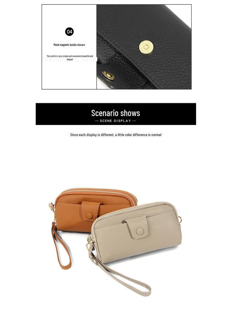 Genuine Leather Double Zipper Cowhide Wallet with Chain for Mobile Phone - Ladies' Long Handbag