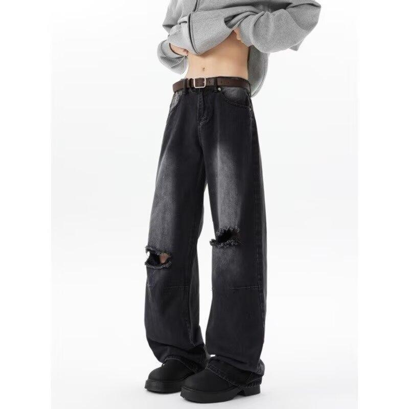 High Street Washed Old Ripped Jeans Men's Summer ins Trend High Street Vintage Loose Straight Casual Pants