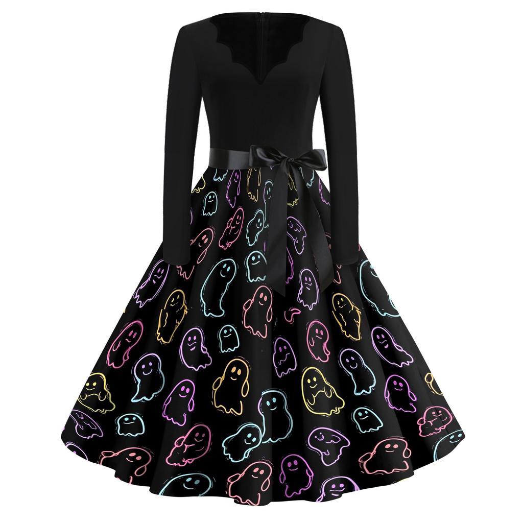 Women's Casual Vintage Halloween Dress V Neck Long Sleeve Bat Print A Line Skirt Retro Style Belted Waist Swing Dress