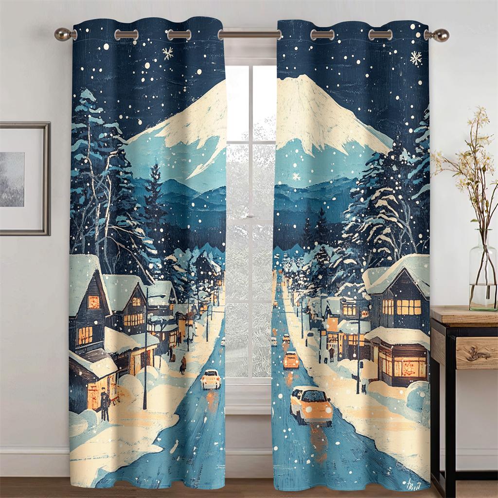 Klassischer Cartoon Berg Fuji Vorhang Schnee Straßen Atmosphäre 2 Paneele Wohnzimmer Schlafzimmer Küche Balkon Fensterdeko