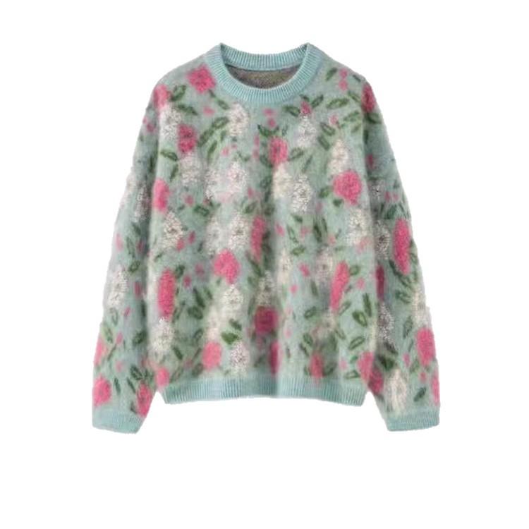 Peach Branch Tender Wool Sweater: Royal Plush Jacquard Embroidered Loose Pullover Base Layer, Heavy-Duty and Thick