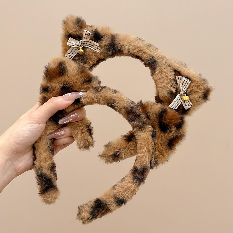 Cute Cat Ears Hairband Women Girl Cosplay Leopard Hair Hoop Winter Soft Wool Headband Party Hair Bands Face Wash Makeup Headwear