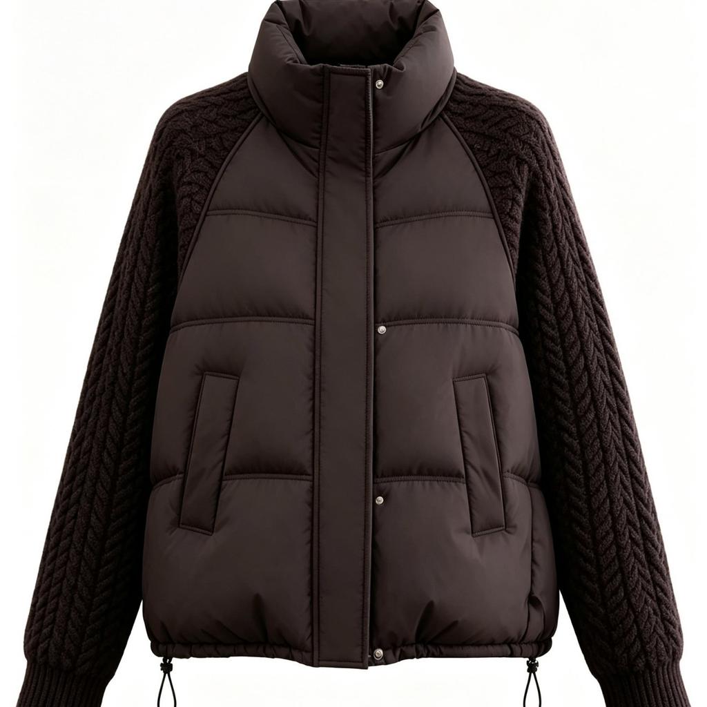 Winter new stand-up collar knitted sleeve cotton-padded clothes women's short thickened warm splicing fashionable trendy coat