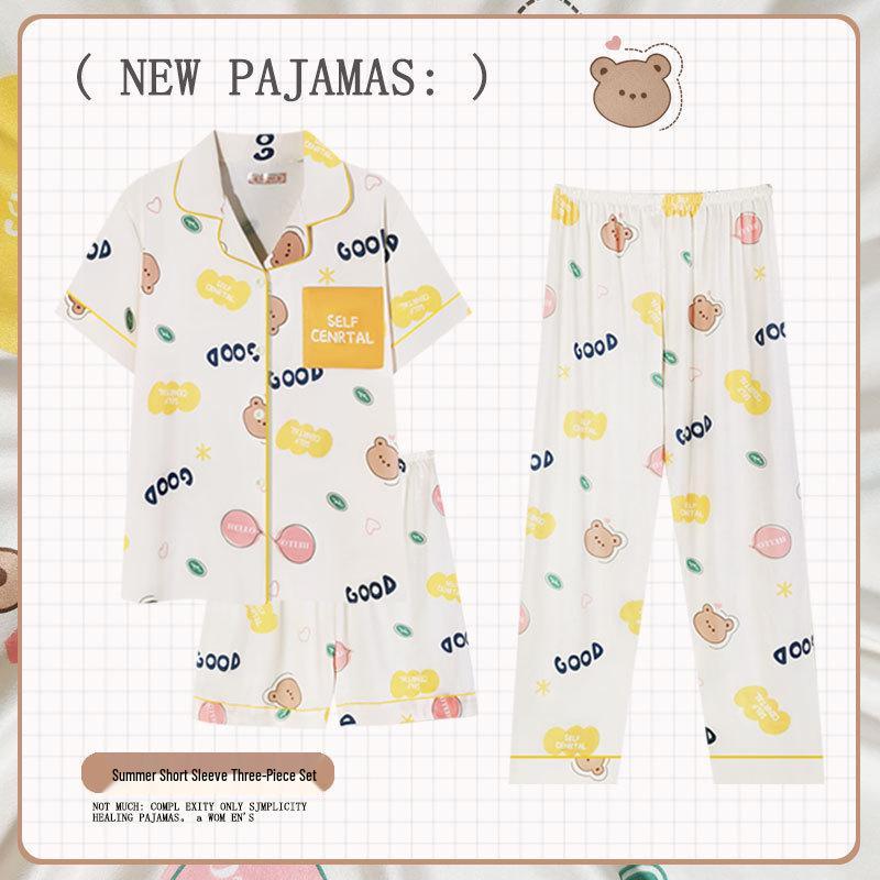 Pastoral Women's Pajama Set: Soft, Cute Rabbit Design, Short-Sleeve, Casual Three-Piece Loungewear.