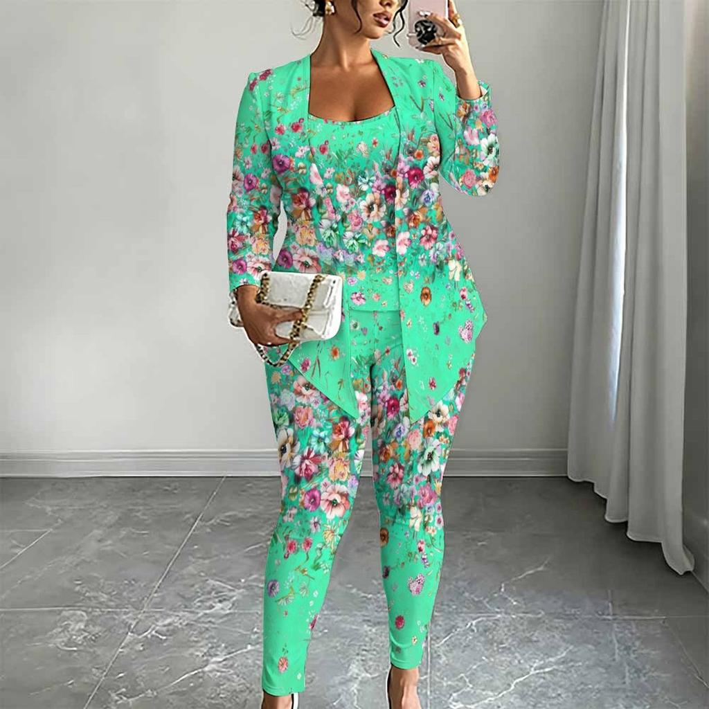 Plus Size Floral Print 3 Piece Outfit, Long Sleeve Open Front Cardigan Cami Top Leggings Set for Women