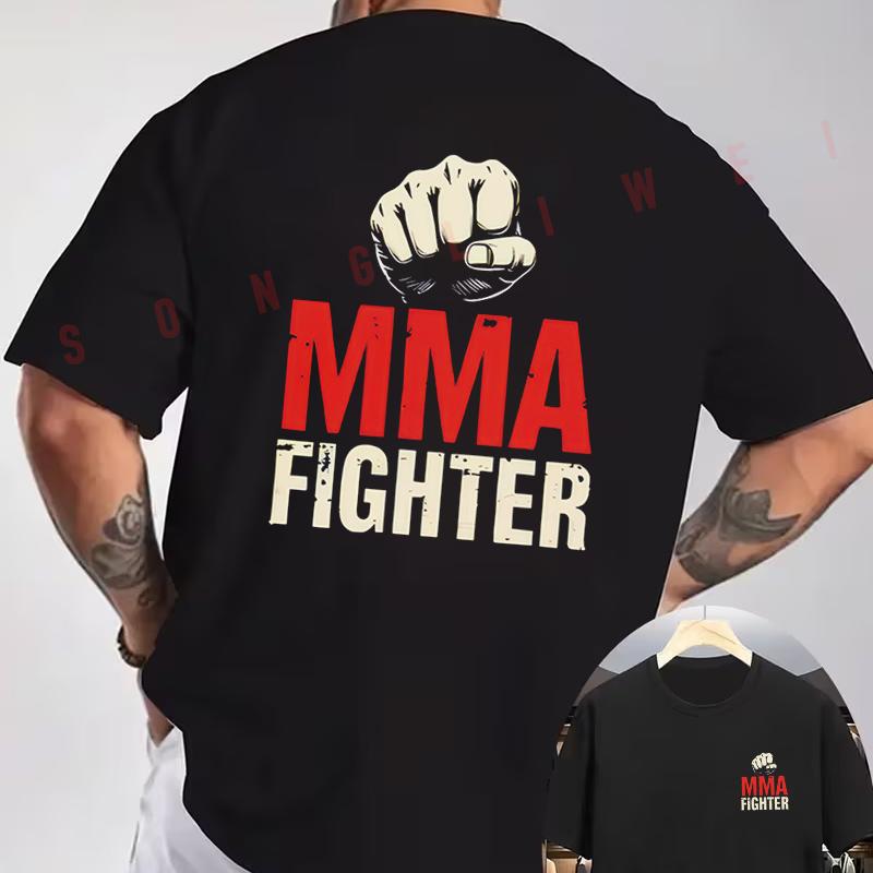 MMA Fighter Distressed Sports Graphic Motorcycle Double-Sided Print T-Shirt Men Short Sleeve O