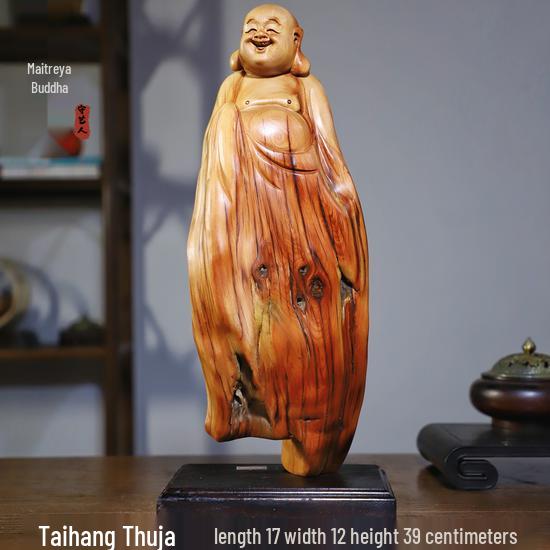Intaglio Radice di Legno di Cipresso di Scogliera: Ornamento Daruma Maitreya Buddha in Legno Massello in Zafferano Dorato e Legno di Rosa Nanmu.