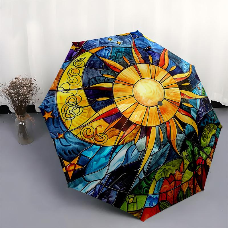 1pc Stained Glass Sun Design Automatic Opening Folding Umbrella with 8-Bone Iron Frame - Portable Outdoor Umbrella for Fans, Travelers, Daily Use, and