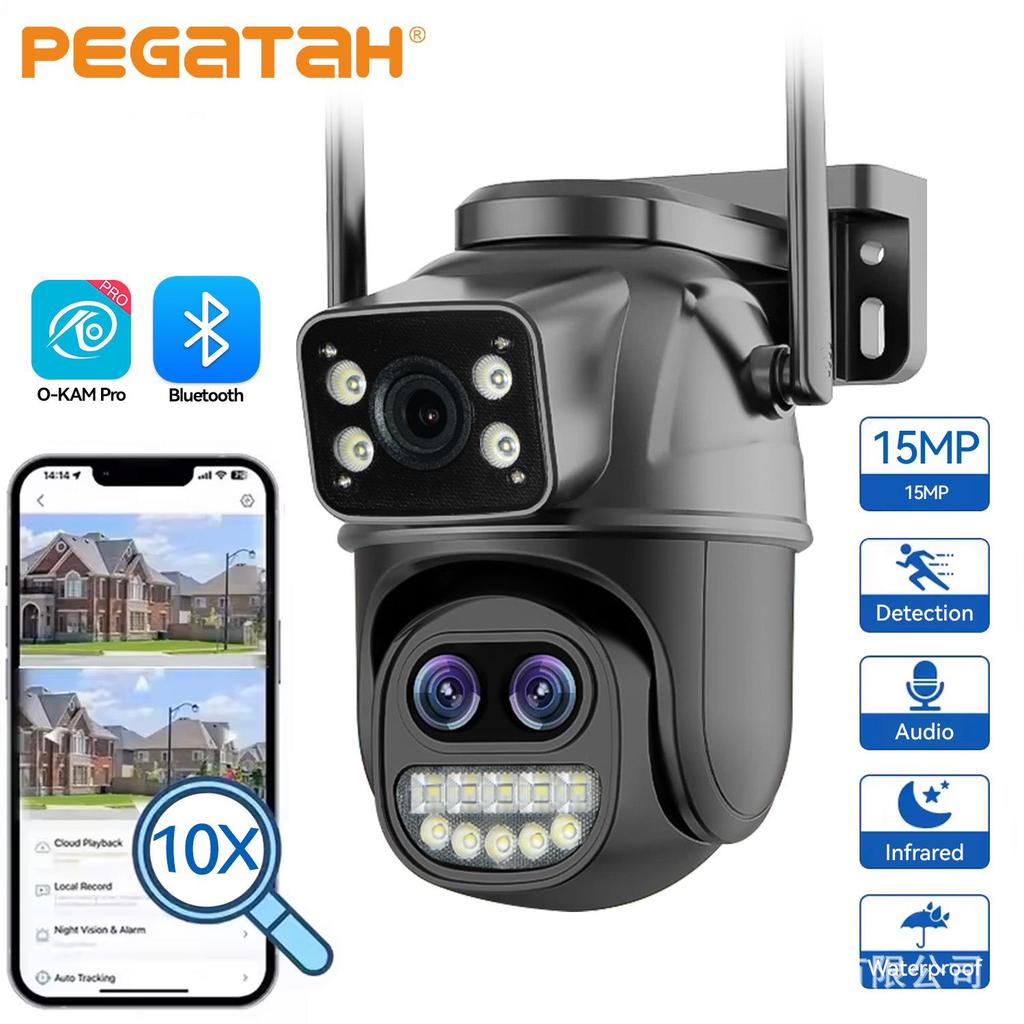 15MP HD Triple-Lens Outdoor PTZ Camera with Waterproof Build, WiFi, Full-Color Night Vision, 10x Zoom, and Two-Way Audio.