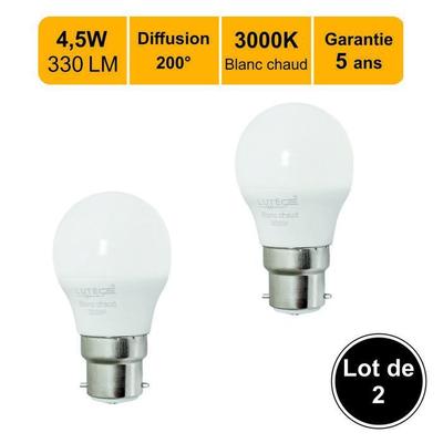 Lot of 2 LED Bulbs B22 4.5W 330Lm 3000K - 5-year Warranty