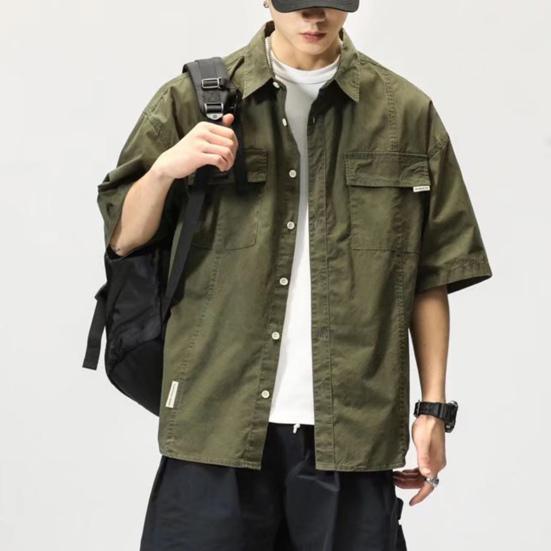 Men Shirt Solid Color Hip-hop Cool Young Style Buttons Loose Type Single-breasted Cardigan Lapel Summer Shirt Men Clothes