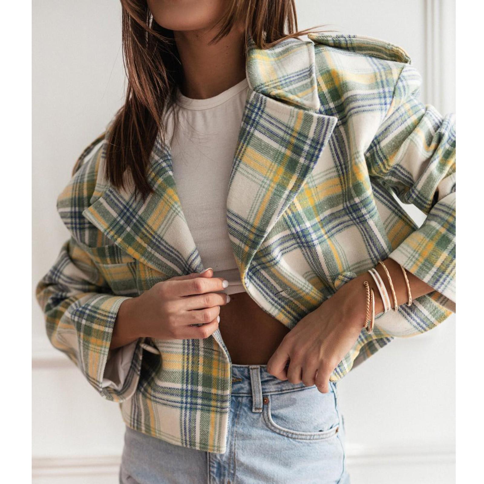 

Женский свободный повседневный пиджак с длинными рукавами и клетчатым принтом, модная куртка XL синий