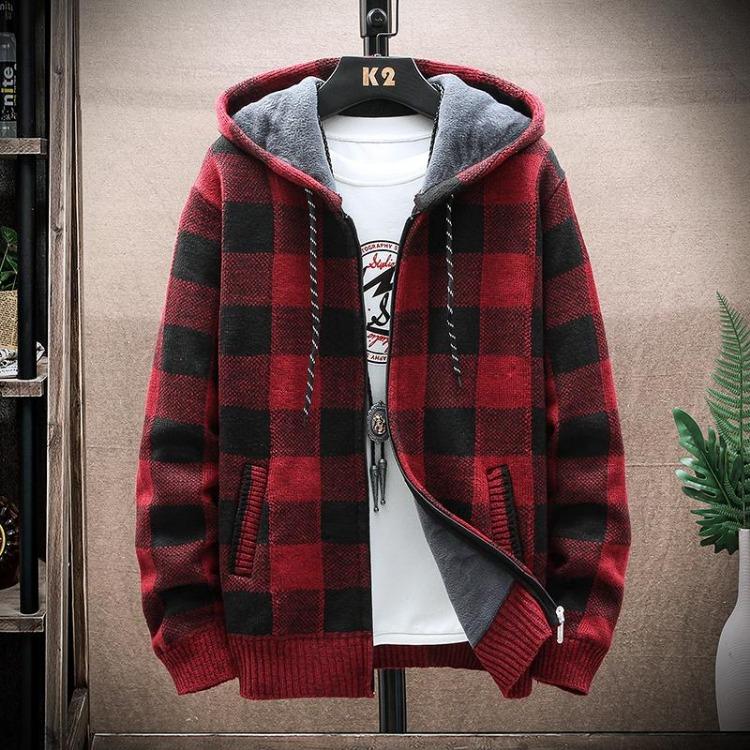 Caldo Maglione Invernale da Uomo con Cappuccio in Pile Cardigan a Maglia Giacca a Quadri Cappotto