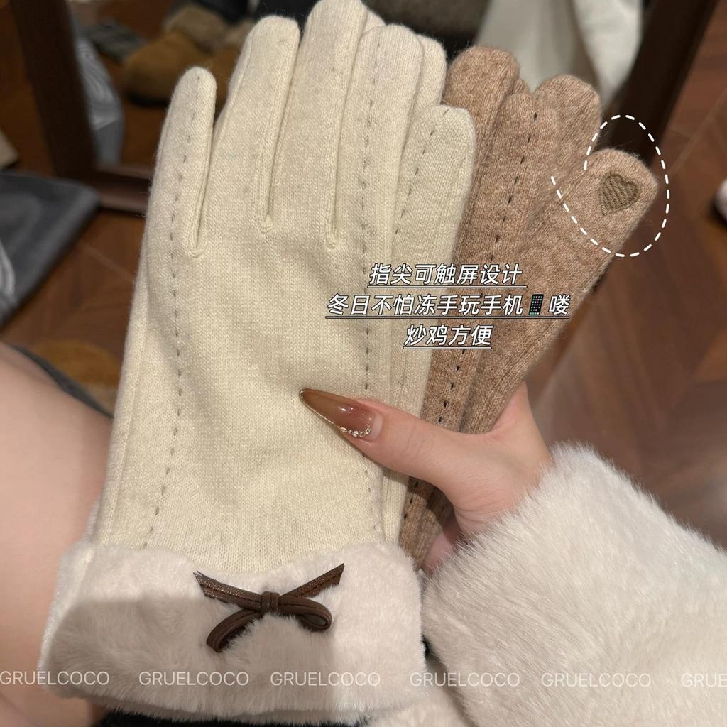 Korean Version of Gloves for Women's Autumn and Winter 2025 New Velvet Cold-proof and Warm Riding Driving Touch Screen Bow Plush Gloves