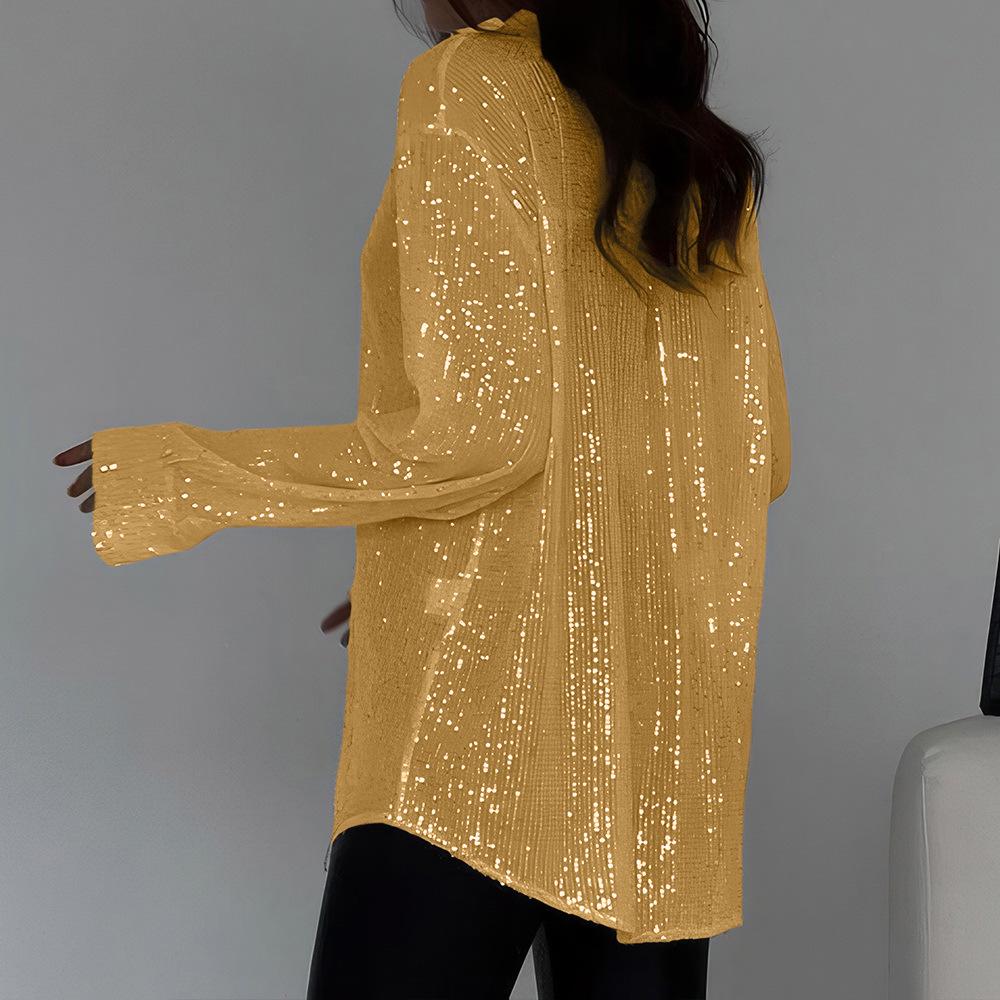 2026 Sexy Sequin Sparkle Lapel Single-Breasted Long Sleeve Women's Shirt