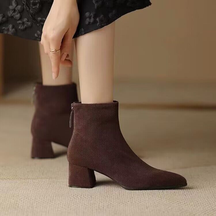 Short Boots Women's Thick Heel 2025 Autumn New Pointed High Heel Ankle Boots Black Velvet Frosted Leather Medium Heel Bare Boots