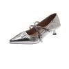 French Style Pointed Toe Mary Jane Shoes Women's Shallow Pleated Cross Strap Elegant Stiletto Leather Shoes