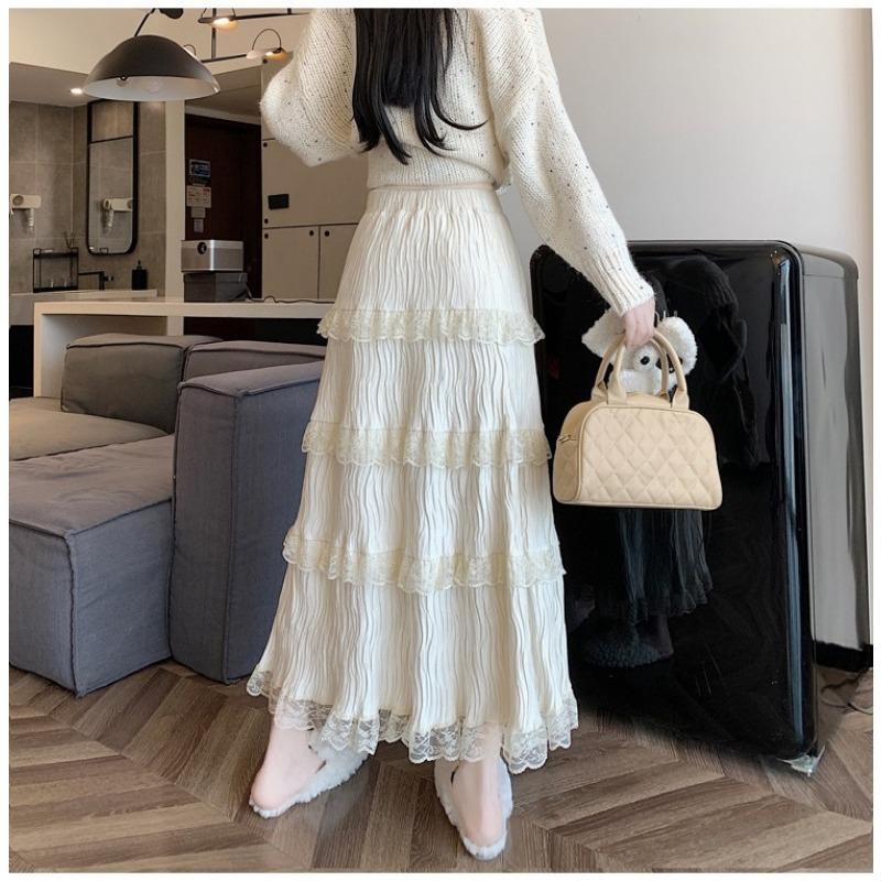 Women Elastic High Waist Tiered Lace Patch Maxi Long Skirt