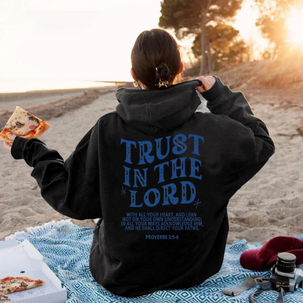 TRUST IN THE LORD Women Plus Size Casual Hooded Sweatshirt Solid Color Letter Printed Long Sleeve Plush Sweatshirt