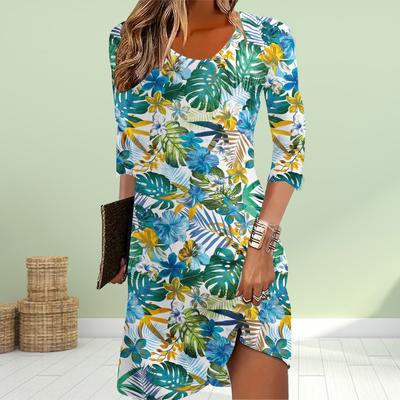 Women Casual Dress Autumn Green Leaves Print Dresses For Women O-neck Short Sleeve Dress Plus Size