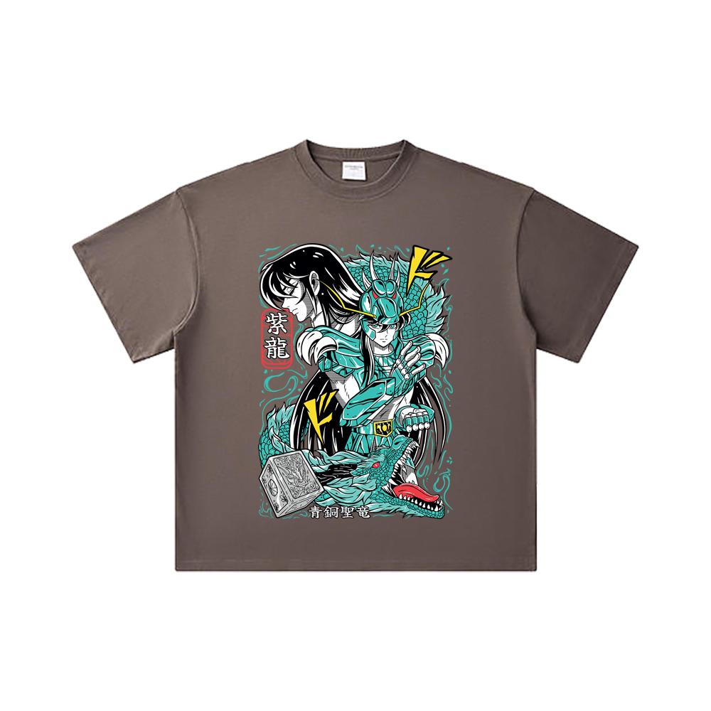 260 GSM Double Yarn 32 Count 100% Cotton Saint Seiya V8 Shiryu Print Unisex Heavy Cotton T Shirt
