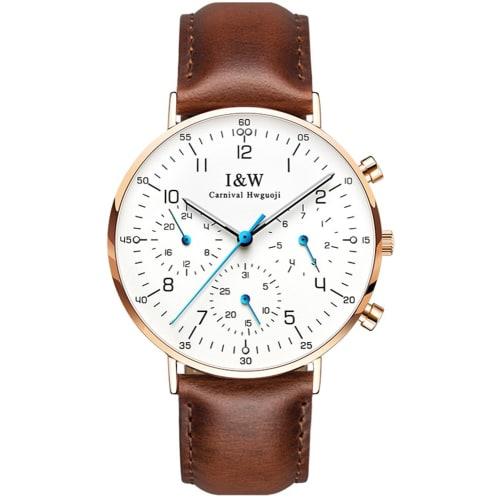 

Men s Luxury Ultra-Thin Multi-Function Calfskin Band Sapphire Crystal 30M Water Resistant Quartz Wristwatch, Gold Case, Brown Band