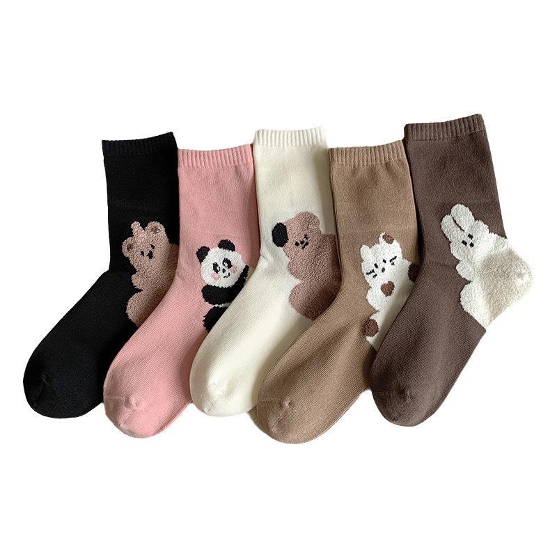 Women's Autumn and Winter Combed Cotton Mid-calf Socks with Cartoon Coffee-colored Panda Flocking Boneless Versatile Women's Socks At The Heel